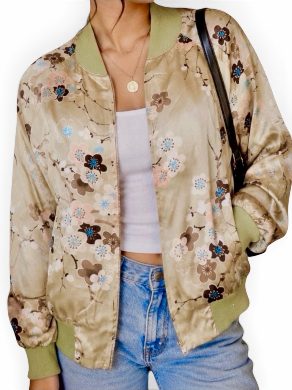 Vintage Y2K SilkLand Silk Cherry Blossom Bomber Jacket M‎